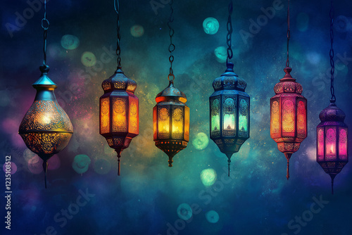 postcard with beautiful arabic colorful lamps for Ramadan. Ramadan kareem, Ramadan Mubarak, Happy Ramadan, generative AI