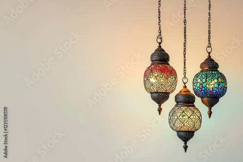 postcard with beautiful arabic colorful lamps for Ramadan. Ramadan kareem, Ramadan Mubarak, Happy Ramadan, generative AI