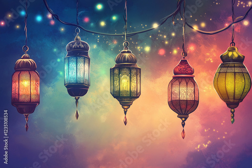 Obraz na płótnie postcard with beautiful arabic colorful lamps for Ramadan. Ramadan kareem, Ramadan Mubarak, Happy Ramadan, generative AI w salonie