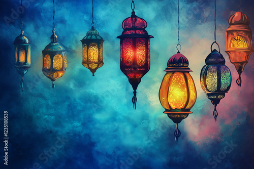 postcard with beautiful arabic colorful lamps for Ramadan. Ramadan kareem, Ramadan Mubarak, Happy Ramadan, generative AI