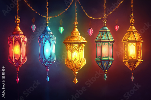 postcard with beautiful arabic colorful lamps for Ramadan. Ramadan kareem, Ramadan Mubarak, Happy Ramadan, generative AI