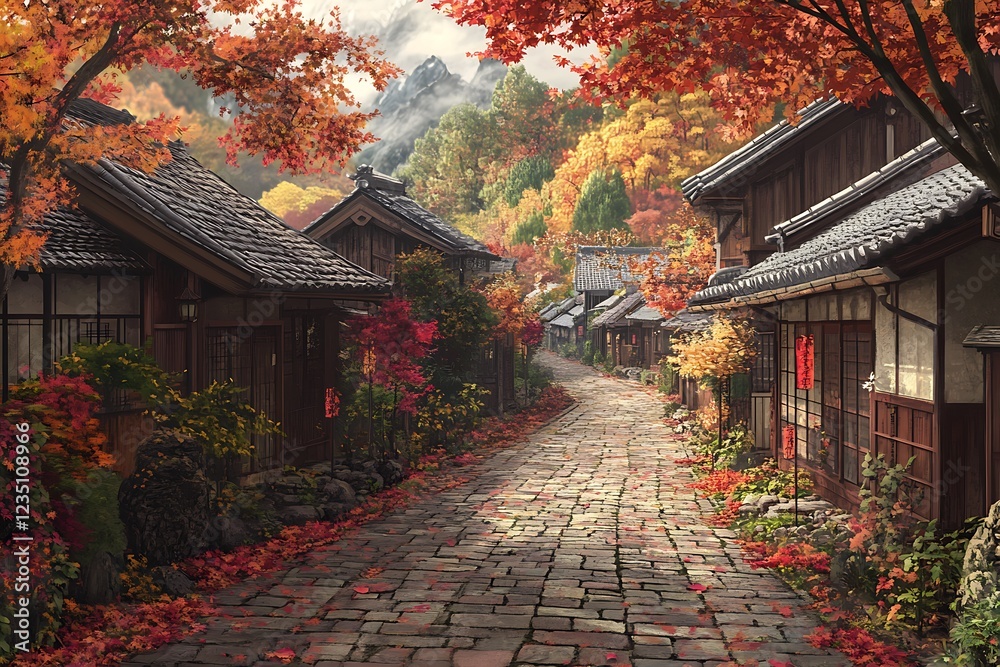 A serene autumn scene with cobblestone paths and traditional houses surrounded by colorful foliage. A serene autumn scene with cobblestone paths and traditional houses surrounded by colorful foliage.