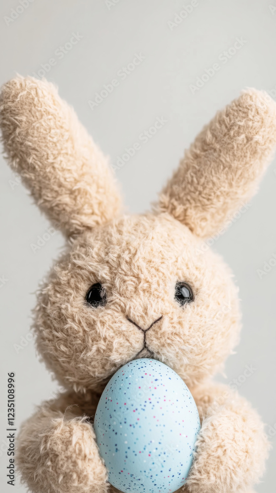 Fototapeta premium Adorable bunny plush toy with speckled easter egg for holiday gift inspiration