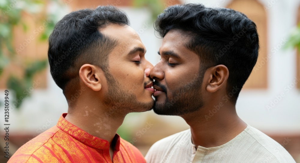 Romantic moment of young south asian male couple outdoors celebrating love Romantic moment of young south asian male couple outdoors celebrating love