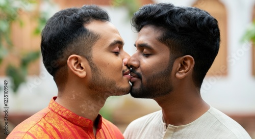 Romantic moment of young south asian male couple outdoors celebrating love