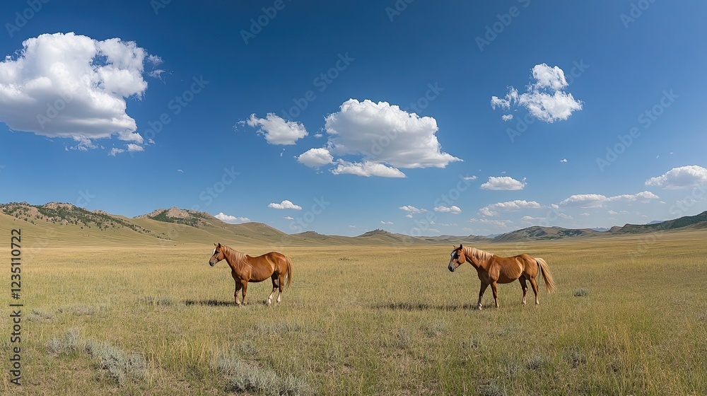 Two horses walking in a meadow beneath a blue sky, panoramic scene Two horses walking in a meadow beneath a blue sky, panoramic scene