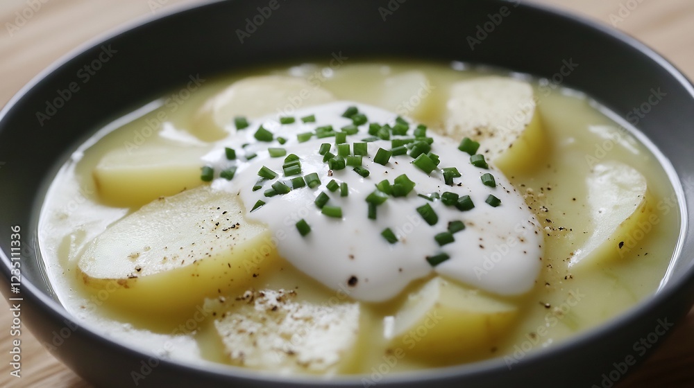 Serving of leek potato soup garnished with cream and chives captured in a neat topdown shot Serving of leek potato soup garnished with cream and chives captured in a neat topdown shot