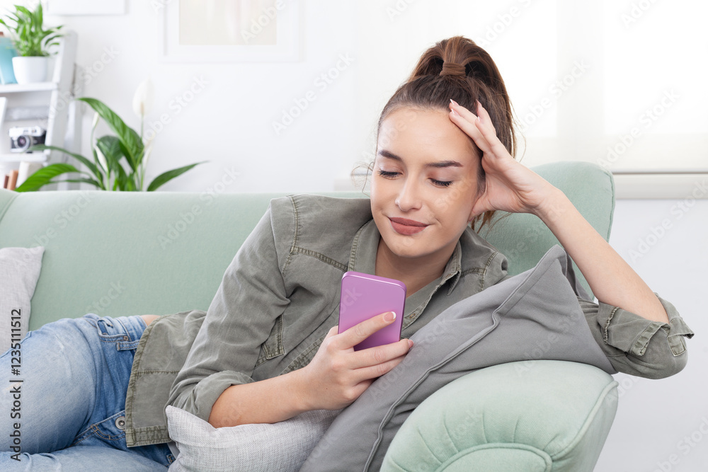 Young relaxed smiling woman lying on a cozy couch in a casual outfit, holding a smartphone and browsing messages, social media, and digital content Young relaxed smiling woman lying on a cozy couch in a casual outfit, holding a smartphone and browsing messages, social media, and digital content