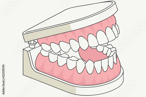 Dental model, realistic teeth, gums, 3D render, anatomical, orthodontics, dentures, oral health, medical illustration, close-up, detailed, symmetrical, pink gums, white enamel, glossy texture, educati