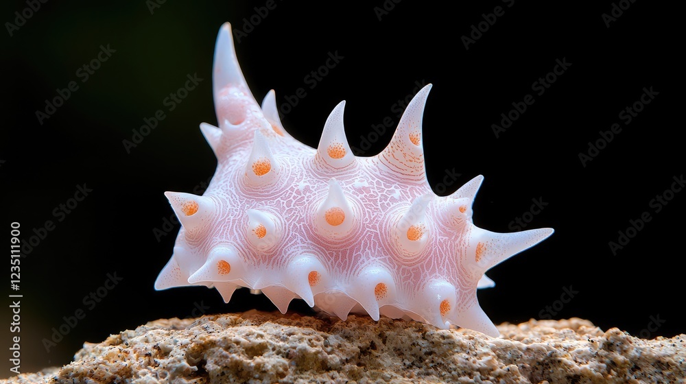 Pink seashell on rock, dark background, ocean life, nature photography, educational resource Pink seashell on rock, dark background, ocean life, nature photography, educational resource