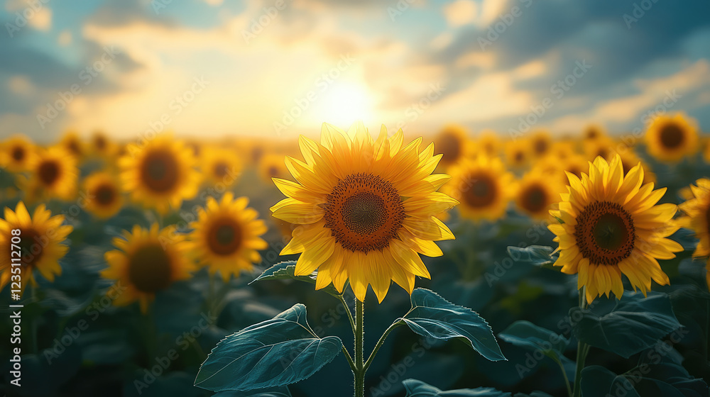 Fototapeta premium Rows of sunflowers stretching towards the horizon
