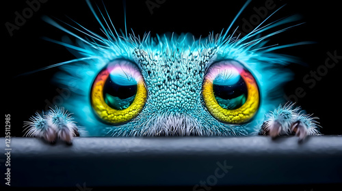 Cute furry blue creature with large colorful eyes peeking over a dark ledge against a black background.