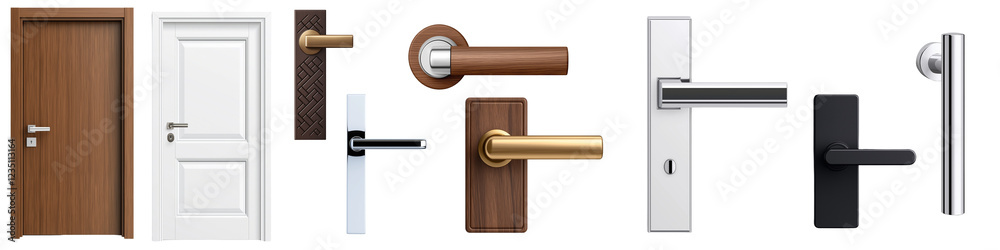 Fototapeta premium A set of door handles, 3D rendering, a collection of door fittings.