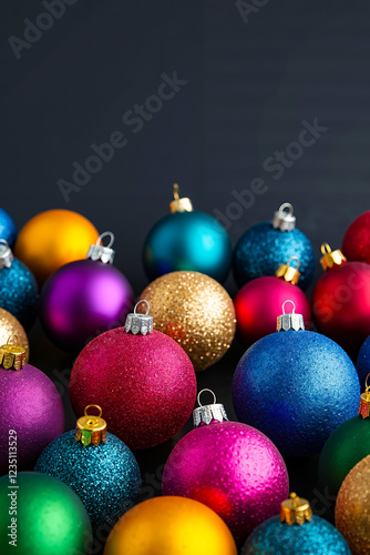 A bunch of brightly colored christmas ornaments on a black background photo