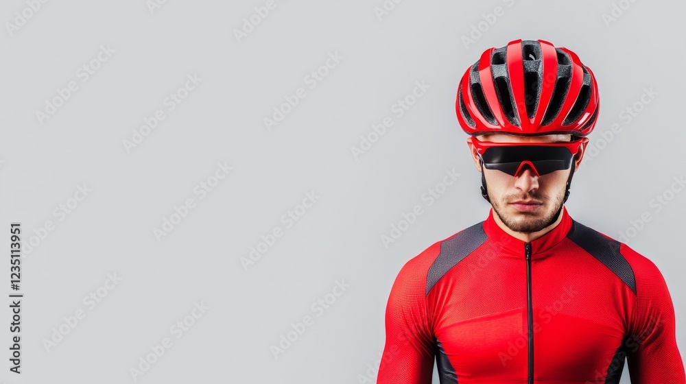 Fototapeta premium Athlete in Red Cycling Gear and Helmet - A focused athlete wearing red cycling attire and sunglasses, ready for a cycling competition against a light gray background.