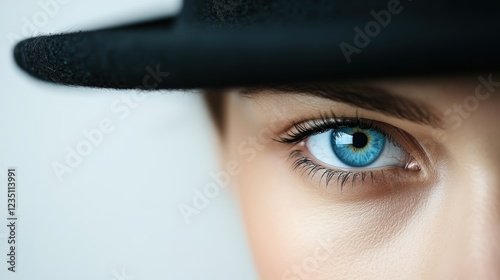 A womans bright blue eye gazes from under a hat