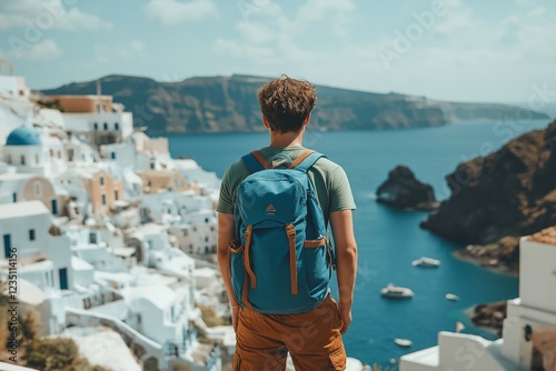 A young man with a blue backpack on his back . Looking at the white city and the sea, a tourist on vacation