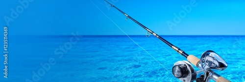 A fishing rod and reel against the ocean background - A beautiful fishing rod and reel positioned against a vibrant blue ocean. Symbolizing relaxation, adventure, nature, fishing, and tranquility.