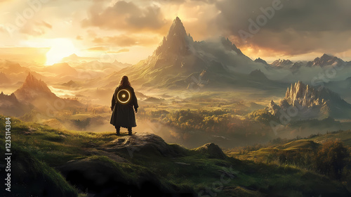 Hobbit hero carrying one ring to mount doom in middle earth fantasy landscape. Ethereal Landscape. Illustration photo