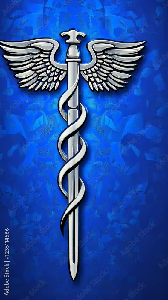 Medical symbol featuring a staff with a serpent and wings against a textured blue background