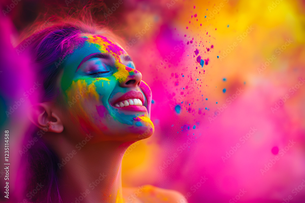 young beautiful happy woman celebrating Indian festival Holi and wearing different colored gulaal on her face, generative AI