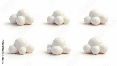 Set of white 3d cloud vector icons. Cartoon weather forecast cloudy symbol. 3D realistic meteorology design element plasticine or clay texture. Render soft round fluffy clouds isolated on white