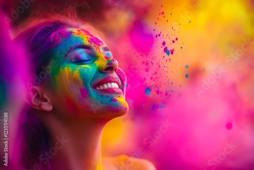 young beautiful happy woman celebrating Indian festival Holi and wearing different colored gulaal on her face, generative AI