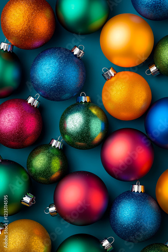 A bunch of colorful christmas ornaments on a blue background photo