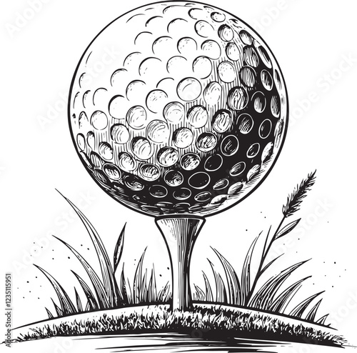 Golf Ball Sketch Drawing Engraving Linear Art Line Black and White Vector Illustration, Isolated