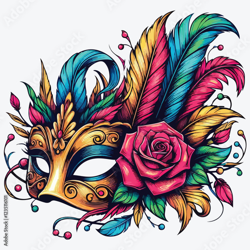 Vector Design of Venetian Mask with Feathers and Rose Flower stock illustration