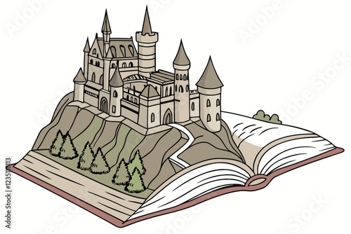 Fantasy castle, pop-up book, 3D illustration, intricate architecture, medieval fortress, magical towers, stone turrets, open book base, rocky cliff, detailed spires, enchanted library, storybook come 