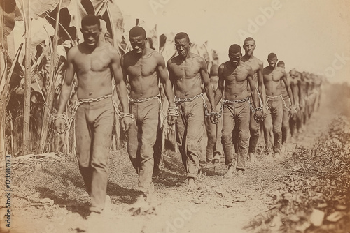 an old photo of poor, starving black slaves from colonial Africa being led in chains to hard labor on an American plantation, generative AI