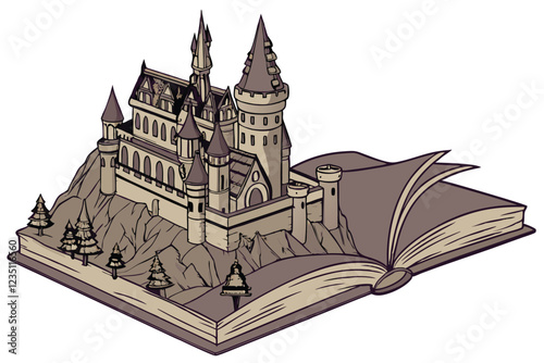 Fantasy castle, pop-up book, 3D illustration, intricate architecture, medieval fortress, magical towers, stone turrets, open book base, rocky cliff, detailed spires, enchanted library, storybook come 