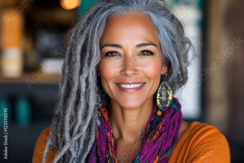Portrait of a smiling middle-aged woman with gray dreadlocks, wearing a colorful scarf.
