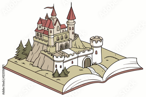 Fantasy castle, pop-up book, 3D illustration, intricate architecture, medieval fortress, magical towers, stone turrets, open book base, rocky cliff, detailed spires, enchanted library, storybook come 