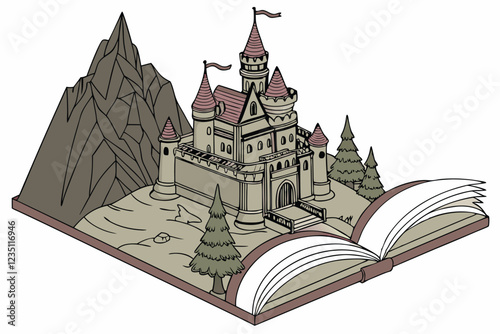 Fantasy castle, pop-up book, 3D illustration, intricate architecture, medieval fortress, magical towers, stone turrets, open book base, rocky cliff, detailed spires, enchanted library, storybook come 