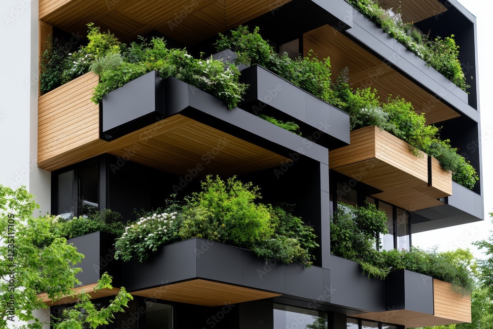 Fototapeta premium Modern apartment building with lush green balconies. Sustainable design meets urban living.