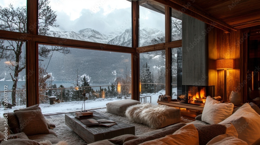 Obraz premium Cozy winter cabin with panoramic glass walls