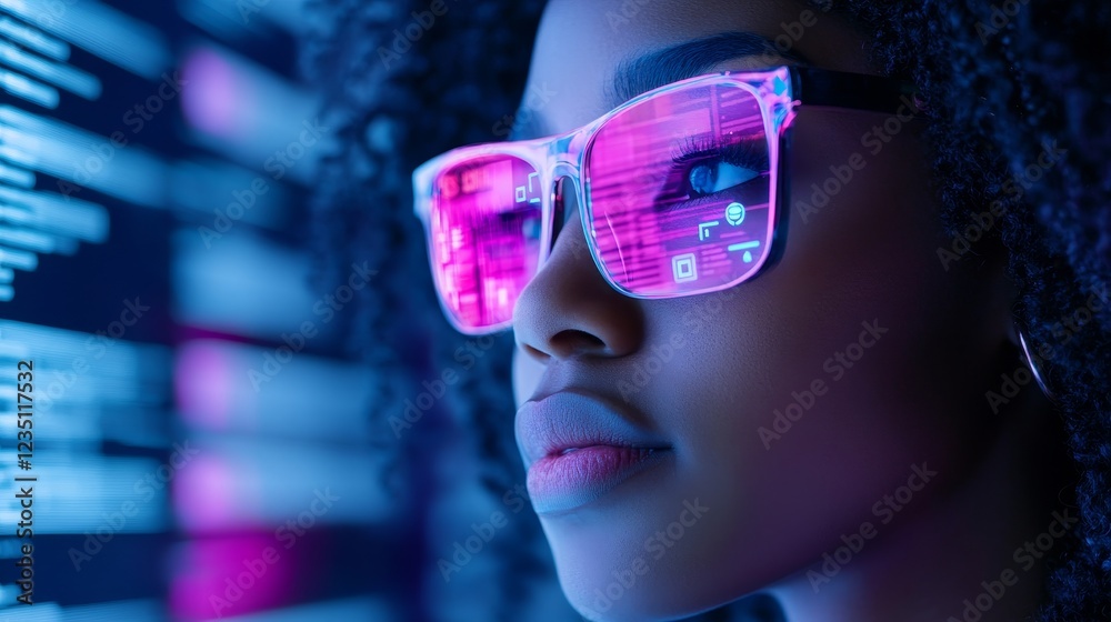 Woman with Colorful Glasses Analyzing Data - A focused woman wearing stylish glasses with a vibrant pink tint examines data displayed on a screen, representing technology and innovation. Woman with Colorful Glasses Analyzing Data - A focused woman wearing stylish glasses with a vibrant pink tint examines data displayed on a screen, representing technology and innovation.