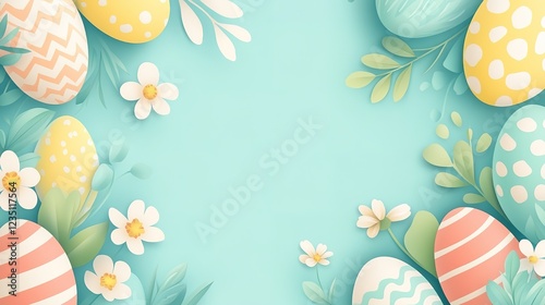 Easter background with Easter eggs and flowers, pastel colors, vector illustration