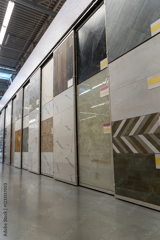 Modern store interior. Bathroom tiles and utensils shopping.