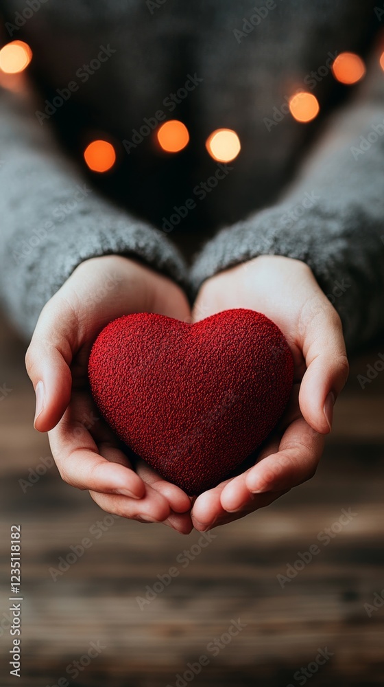 Close-up of hands gently cradling a small, plush red heart. A warm and loving image. Close-up of hands gently cradling a small, plush red heart. A warm and loving image.