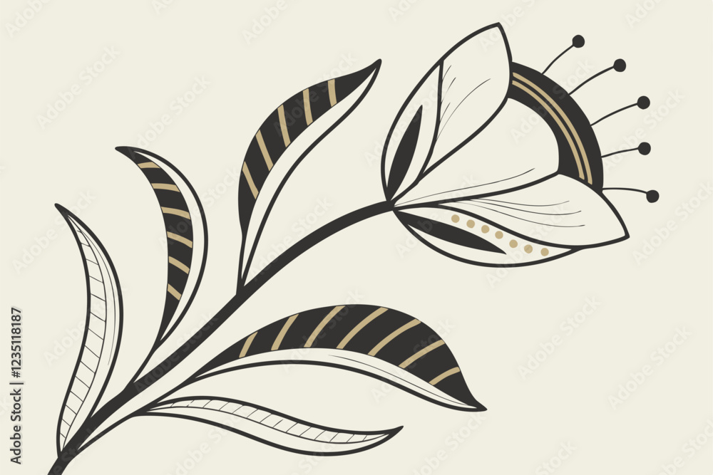 Fototapeta premium Abstract floral illustration, geometric tulip, art deco style, beige and black color scheme, gold accents, minimalist design, textured petals, striped elements, organic shapes, stylized botanical art,