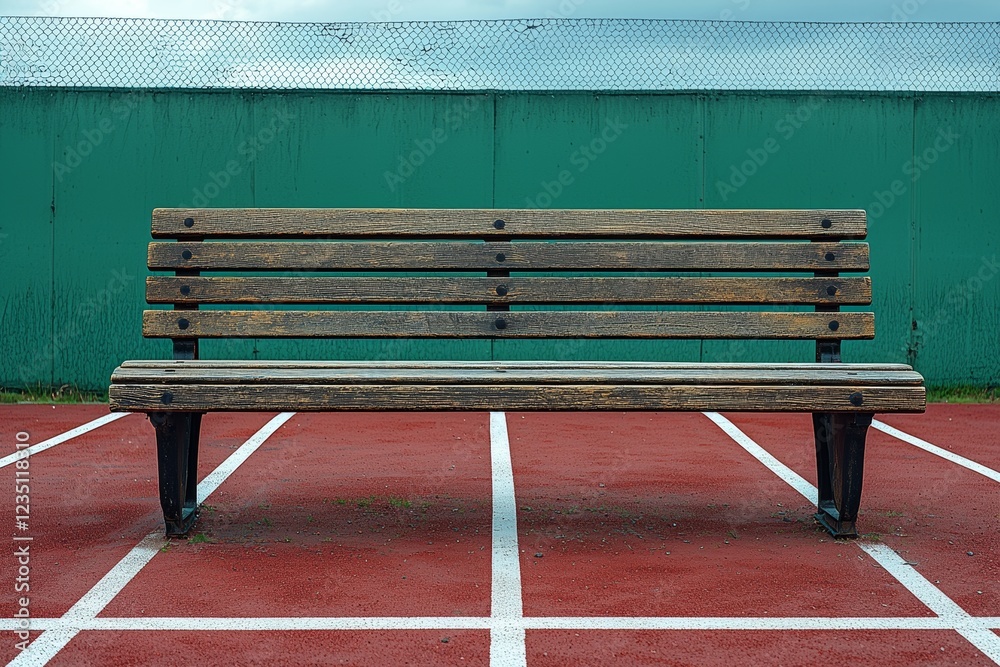 Bench positioned at the midpoint of the tennis court's center line Bench positioned at the midpoint of the tennis court's center line