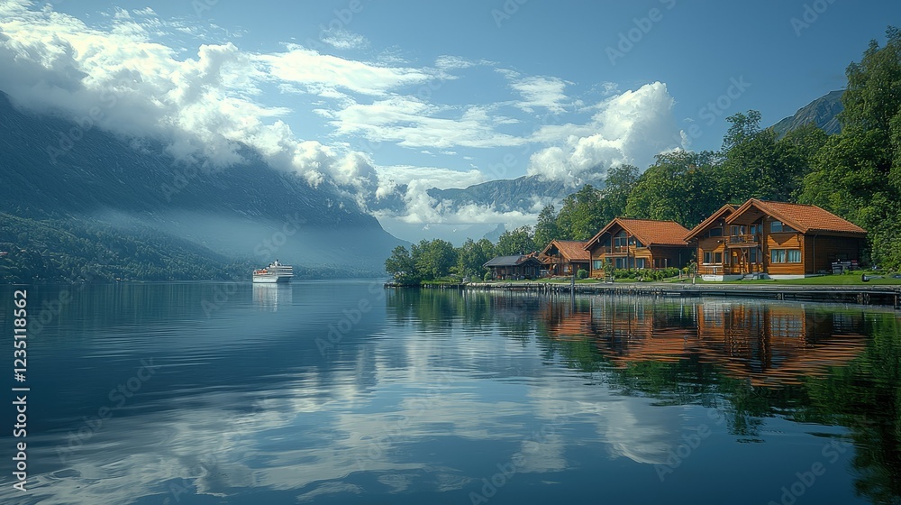 Fototapeta premium Scenic Lakeside Cabins And Cruise Ship In Mountains