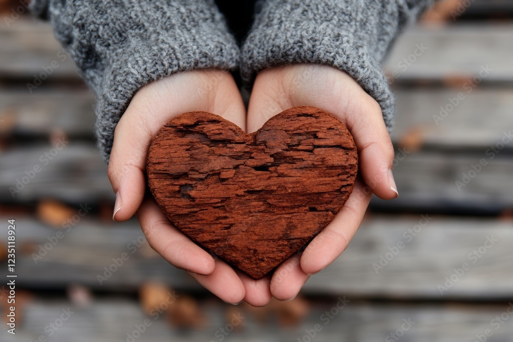 Close-up of hands holding a rustic, heart-shaped piece of wood. A symbol of love and nature. Close-up of hands holding a rustic, heart-shaped piece of wood. A symbol of love and nature.