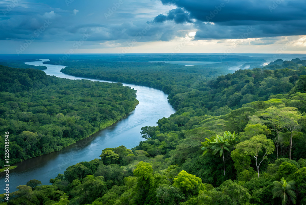Obraz premium A breathtaking aerial view of a lush river winding through dense rainforest, under a dramatic sky filled with clouds.