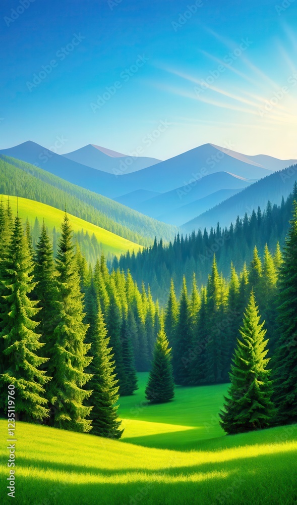 Fototapeta premium Breathtaking Summer Day in Wild Mountains With Lush Greenery and Serene Landscape. Generative AI