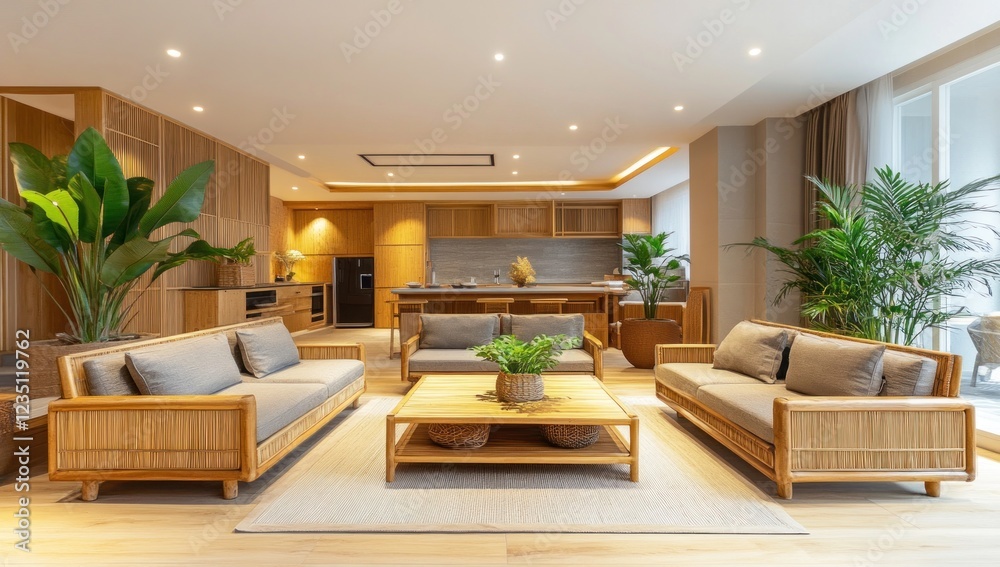 Fototapeta premium Modern Asian Living Room Interior Design with Rattan Sofas