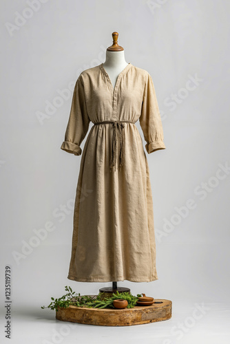 A dress on a mannequin stand with a plant on top of it